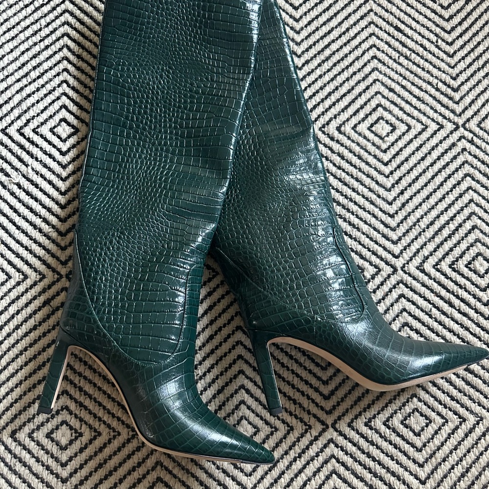 Jimmy Choo Dark Green Croc-Embossed Heeled Boots